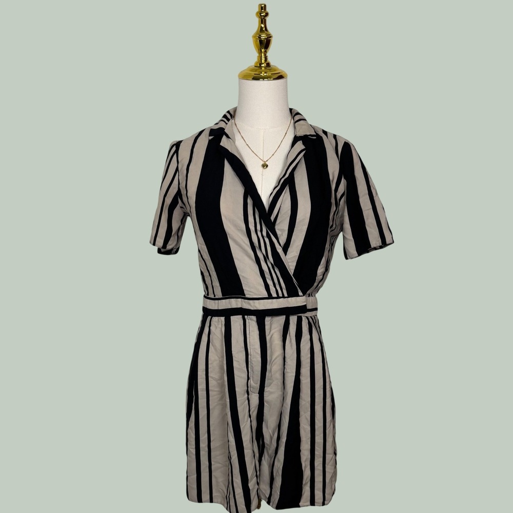 asos beige black romper jumpsuit striped collared chic Y2K boho shabby dainty